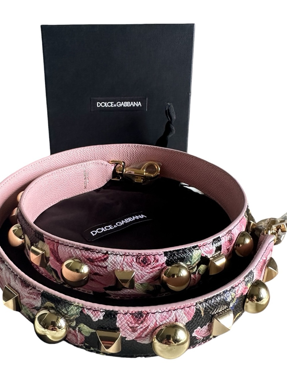 Dolce & Gabbana Pink Floral Studded Leather Shoulder Strap Gold Hardware 39” NIB
